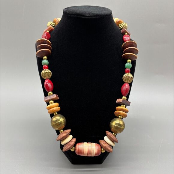 Tribal Style Statement Necklace Brass Bone Horn Wood Stone Beads 1970s Boho - Picture 1 of 16